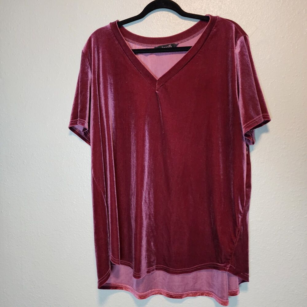 Amaryllis Wine Plum Crushed Velvet Short Sleeve V-Neck High-Low Tunic Top